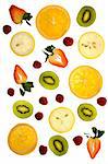 Fresh strawberries, oranges, kiwis, raspberries, and lemons on a white background - delicious and nutritious snack.