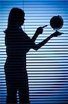 isolated on blue silhouette of woman with globe (blind)