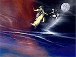 A conceptual image of 2 spaceman or astronauts floating in space.