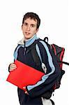 Teen student with a black backpack on white background