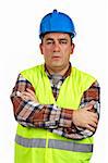Construction worker with green safety vest over a white background
