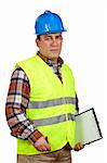 Construction worker with green safety vest and blank notebook, over a white background