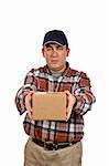 A delivery man holding a package on white background