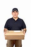 A courier delivering a package on white background