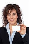 Business woman holding one blank card over a white background. Focus on the card.