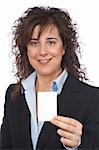Business woman holding one blank card over a white background. Focus on card