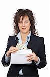 Businesswoman put dollars bills on the envelope over a white background