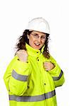 Expressive female construction worker over a white background