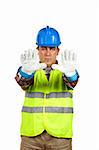 Construction worker with gloves and green vest, order to stop. Gloves on focus