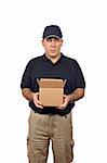 A courier holding a open box on white background