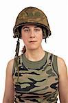 A beautiful soldier girl portrait on white background