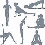 A set of yoga postures silhouettes.