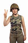 A beautiful soldier girl.  Victory gesture with the fingers