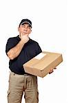 A courier thinking for delivering a package on white background
