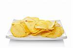 Potato chips on a dish reflected on white background