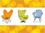 Three stylized retro revival comfy chairs on a colorful orange background. Easy-edit layered vector file--No transparencies or strokes!