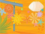 Modern, colorful stylized outdoor patio party with arbor and flowers. Items are grouped so you can use them independently from the background.