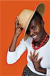 afro hairstyle, young beautiful African American girl with hat and necklace, isolated, people diversity series