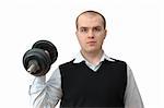 Man in shirt and waistcoat holding dumbbell in one hand