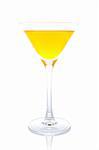 A glass of fresh orange cocktail reflected on white background