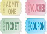 Illustration of four old fashioned tickets that could be used for entry