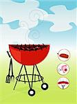 Stylized barbeque with green lawn and blue sky. Items are grouped so you can use them independently from the background. Includes a set of bbq icons. Layered file for easy edit--no transparencies or strokes!