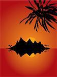 Deserted island illustration with warm orange and red colours and lone palm trees
