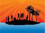 Beach holiday illustration in silhouette with sexy girls dancing and surf boards stuck in the sand