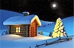 christmas house and fir-tree in snow-drift mountain landscape