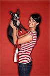 Young adult female Caucasian holding Boston Terrier dog.