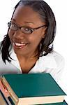 African-American Female Student by stack of books