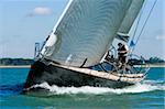 A powerful black racing yacht with wind filled sails powers through coastal waters