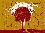 Grunge maroon and gold tree set on a cracked aged background