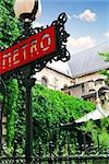 Metro sign at Saint Germain de Pres cathedral in Paris, France