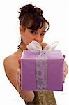 Girl, showing a purple gift box (the box in focus)