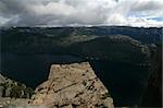 Pulpit Rock at Lysefjorden in Norway. A well known tourist attraction towering 600 meters over sea level.