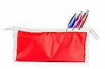 A red pencil case with soft shadow reflected on a white background