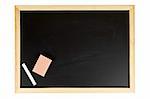 A empty black chalkboard with chalk and eraser. Path included