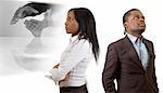 This is an image of business couple with different (business) vision. This image can be used to represent "Different Business Vision" themes.