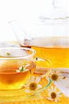 A teacup and a teapot with soothing herbal camomile tea