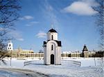 Chapel on coast of the river, in the winter, in ancient Russian city.