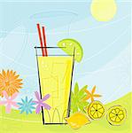 Retro-inspired Lemonade with pitcher and summer flowers. Each item is grouped so you can use them independently from the background. Layered file for easy edit.