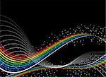 Illustrated space rainbow with flowing white lines and stars