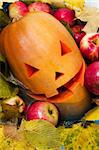 colorful image of halloween pumpkin with autumn leaves and apples