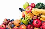 lots of fresh and ripe fruits on white background with copy space