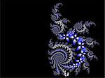 blue and silver fractal flowers forming a spiral on right hand side, copy space on left