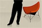 Man standing in front of modern chair;  abstract with reflection. Easy-edit layered vector file.