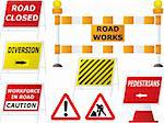 Illustrated road works signs in different variations as part of a set