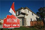 Welcome, Please Come In Open House Real Estate Sign and New Home.