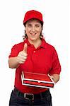 A pizza delivery woman holding a hot pizza. Isolated on white and success gesture